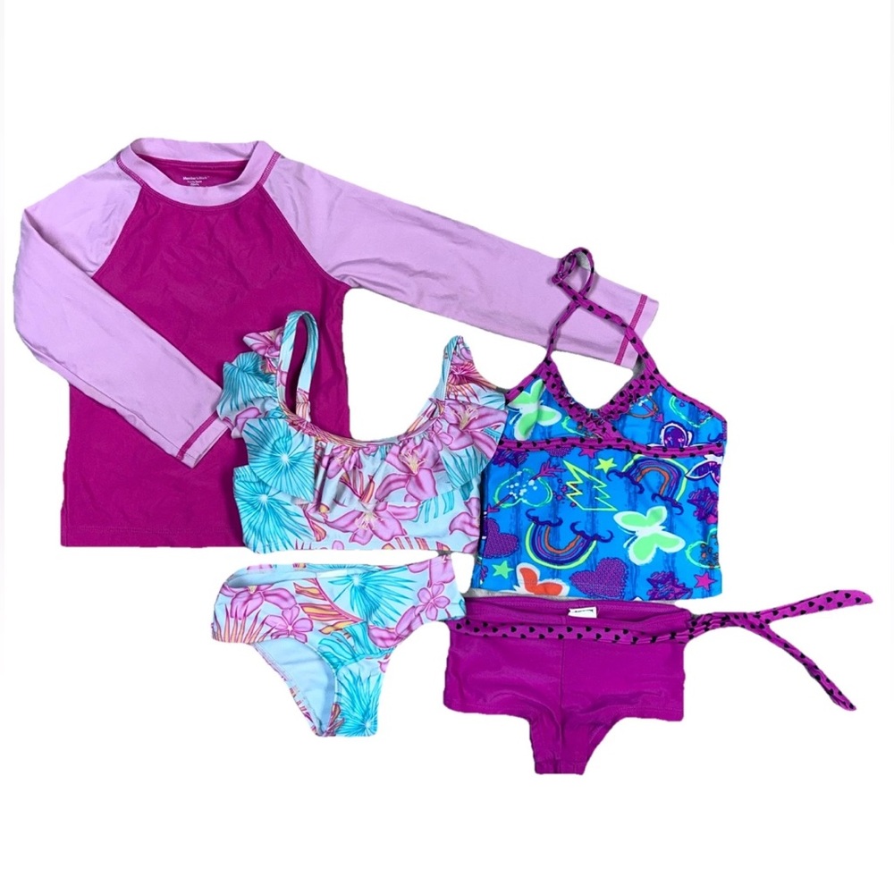 Girl Toddler Members Mark and Waves Swimsuit Rash Guard Set 2T-3T 5 Pc Bundle